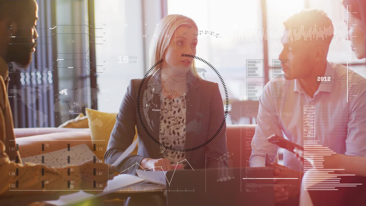 Woman using laptop, gesturing in biz meet, causing HUD globe and charts centering her showing data