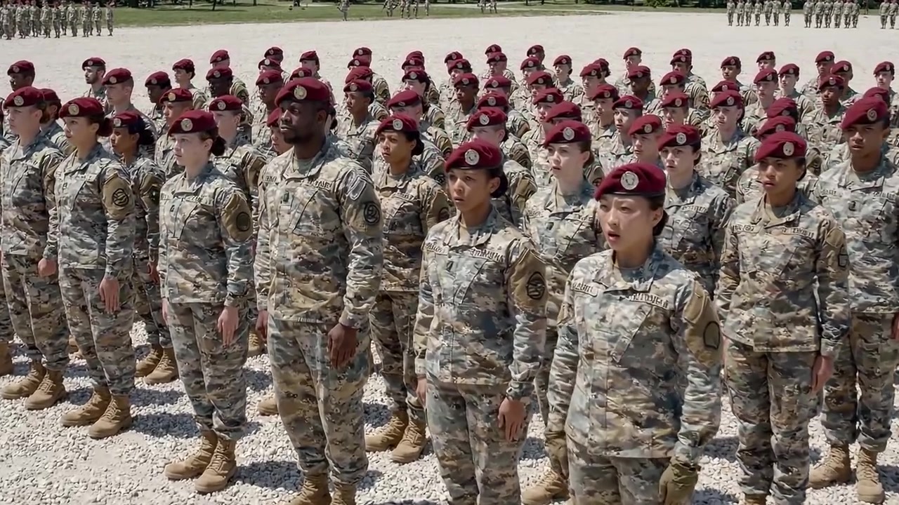 Personale militare in formazione, che mostra disciplina e unità, con membri che indossano distintivi berretti bordeaux, sullo sfondo di un campo di addestramento.