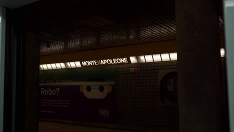 static view from the metro train, before the closing of doors, of montenapoleone sign, milan