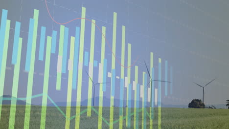 wind turbines being visualized in rural scene, with translucent data charts and grassy field
