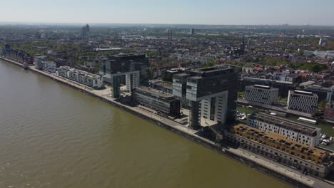 unique architecture style of cologne city riverfront with its glass exterior crane houses