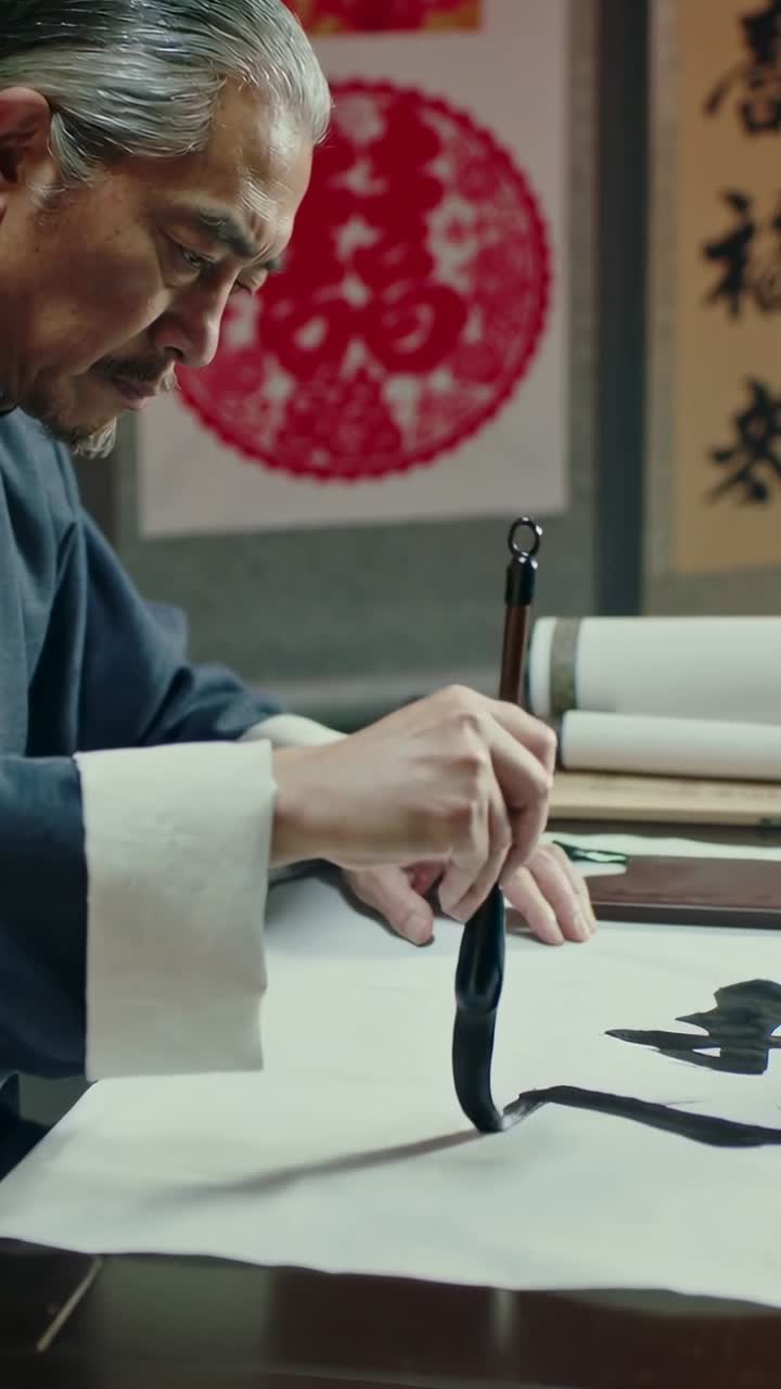 Video verticale: uomo in posa che pratica la calligrafia su carta a un tavolo, in accappatoio, spazio per il testo