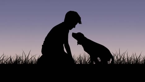 Animation-of-silhouetted-pet-dog-looking-to-male-owner-kneeling-in-grass-over-sunset-sky