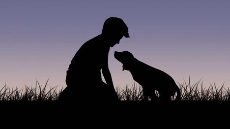 Animación-De-La-Silueta-De-Un-Perro-Mascota-Mirando-Al-Dueño-Masculino-Arrodillado-En-La-Hierba-Sobre-El-Cielo-Del-Atardecer.