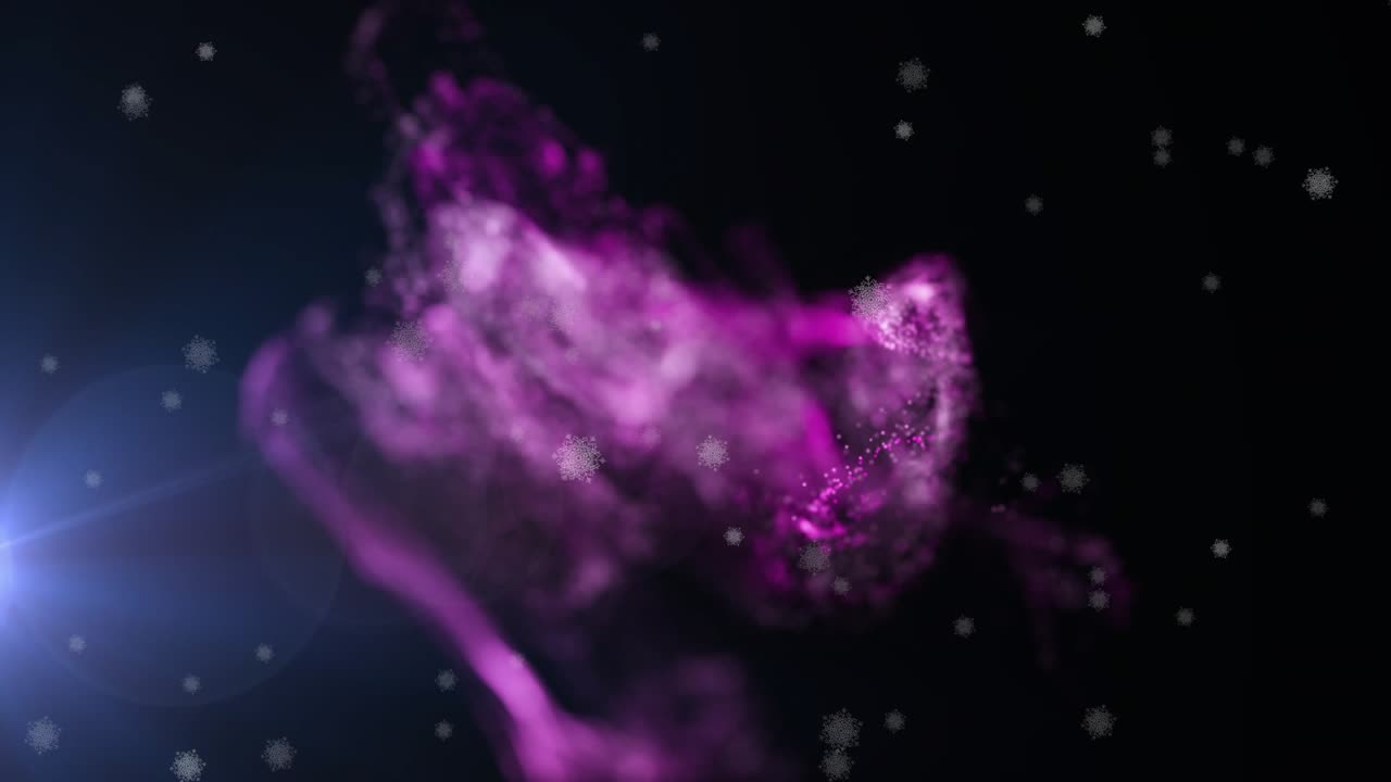 Vertical tendril emitting magenta cloud, swelling, rotating, shedding glitter toward blue flare