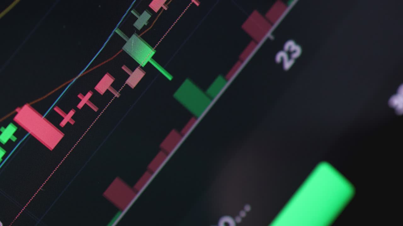 Video 4K. Primo piano di grafico di trading azionario su schermo digitale