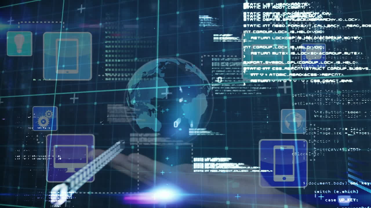Digital globe and coding animation over hands interacting with virtual interface