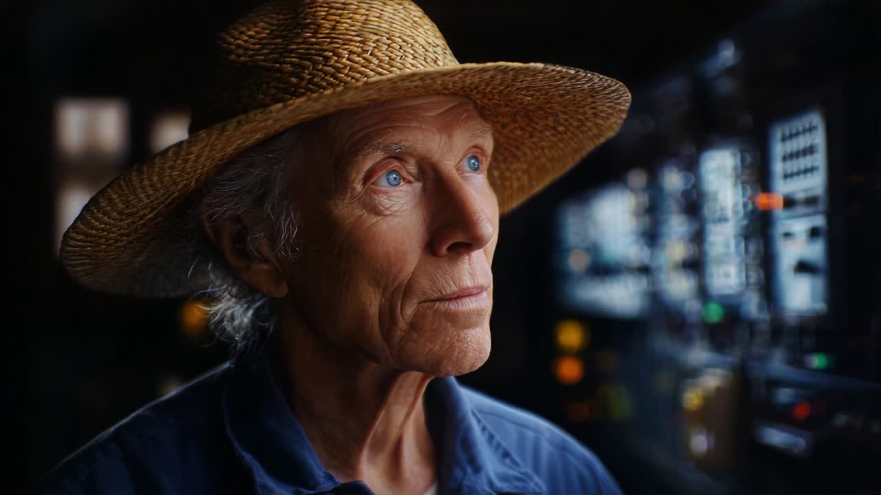 Un anciano contemplativo con sombrero de paja mira fijamente mientras reflexiona sobre la vida, la tecnología y el paso del tiempo, envuelto en un ambiente vintage, iluminado suavemente por instrumentos brillantes al fondo