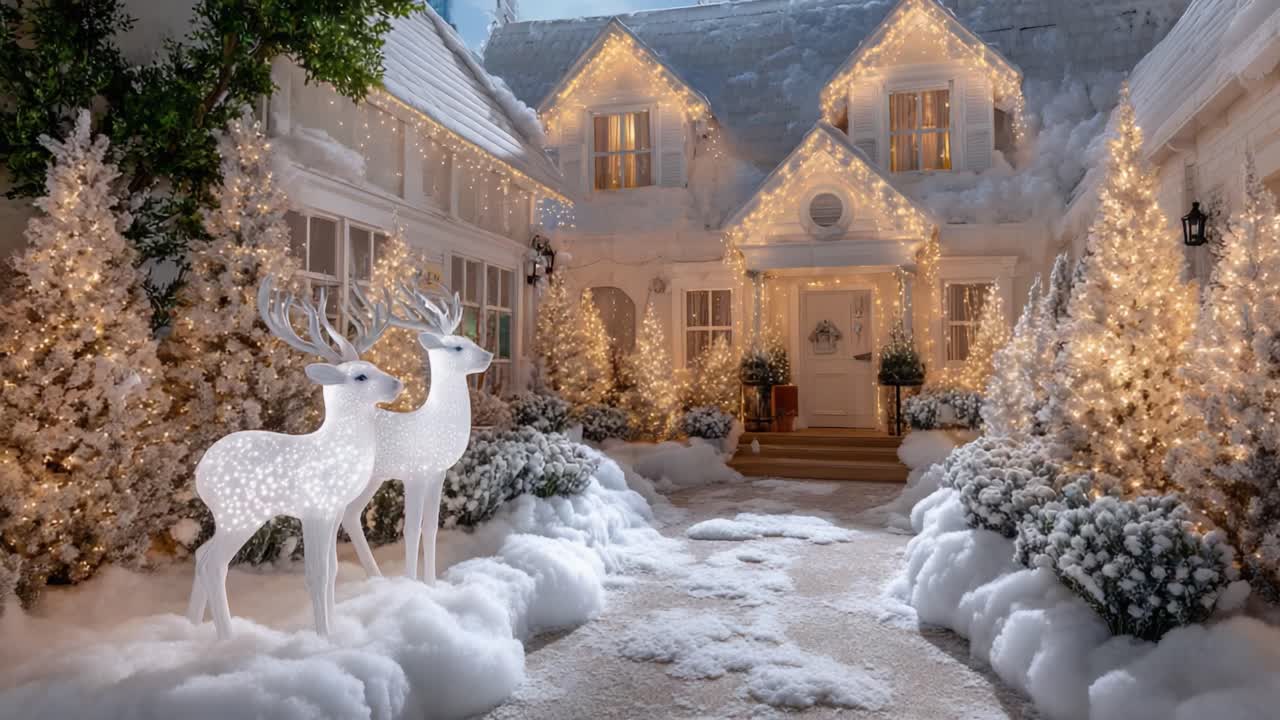 A Winter Wonderland: Charming Snow-Covered Home Displaying Glittering Lights, Gleaming Reindeer Decorations, and Festive Holiday Spirit in a Heavenly Setting