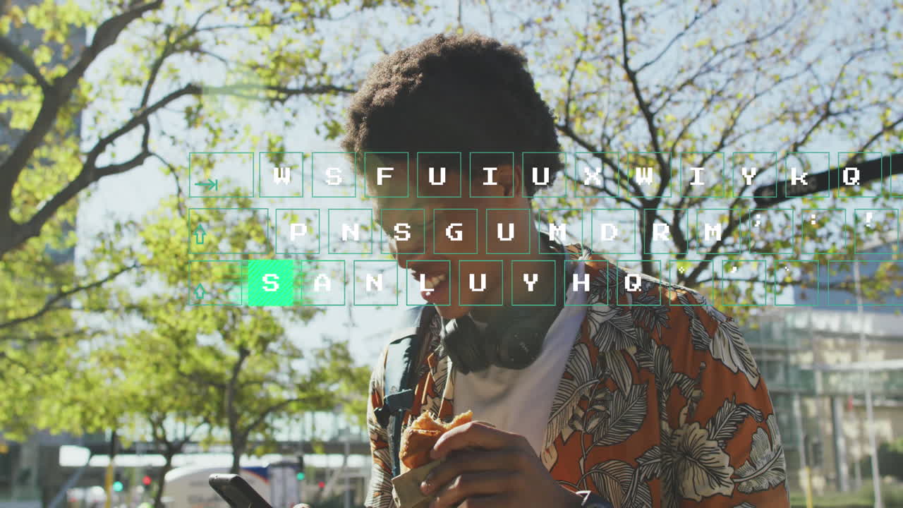 Animation of data processing over african american man using smartphone in city