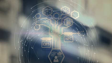 senderos de luz y red de iconos digitales contra el almacén