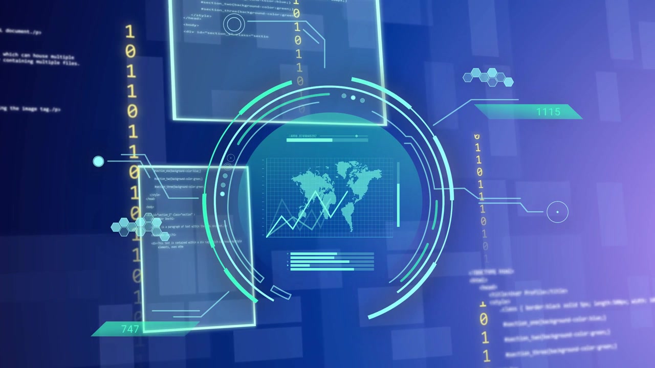 Data feed starting round HUD, panels sliding, 0 or 1 digits flowing, map chart updating showing data
