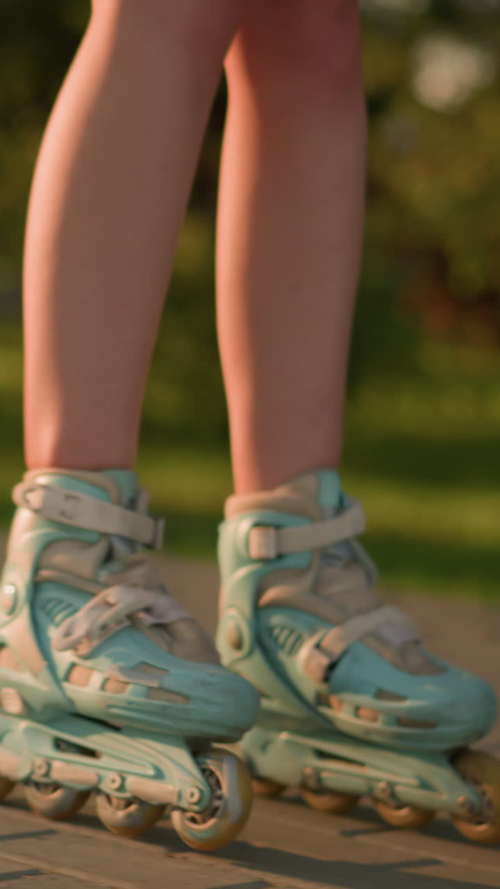 Side leg view of person roller skating outdoors on interlocked path, wearing teal rollerblades with shadow cast on ground, next to grassy field, sunny day with blurred background of greenery