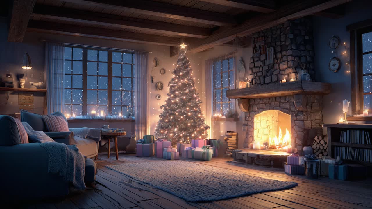 A Warm and Festive Holiday Living Room Scene Featuring a Beautifully Decorated Christmas Tree Surrounded by Presents and a Cozy Fireplace in a Quaint Setting