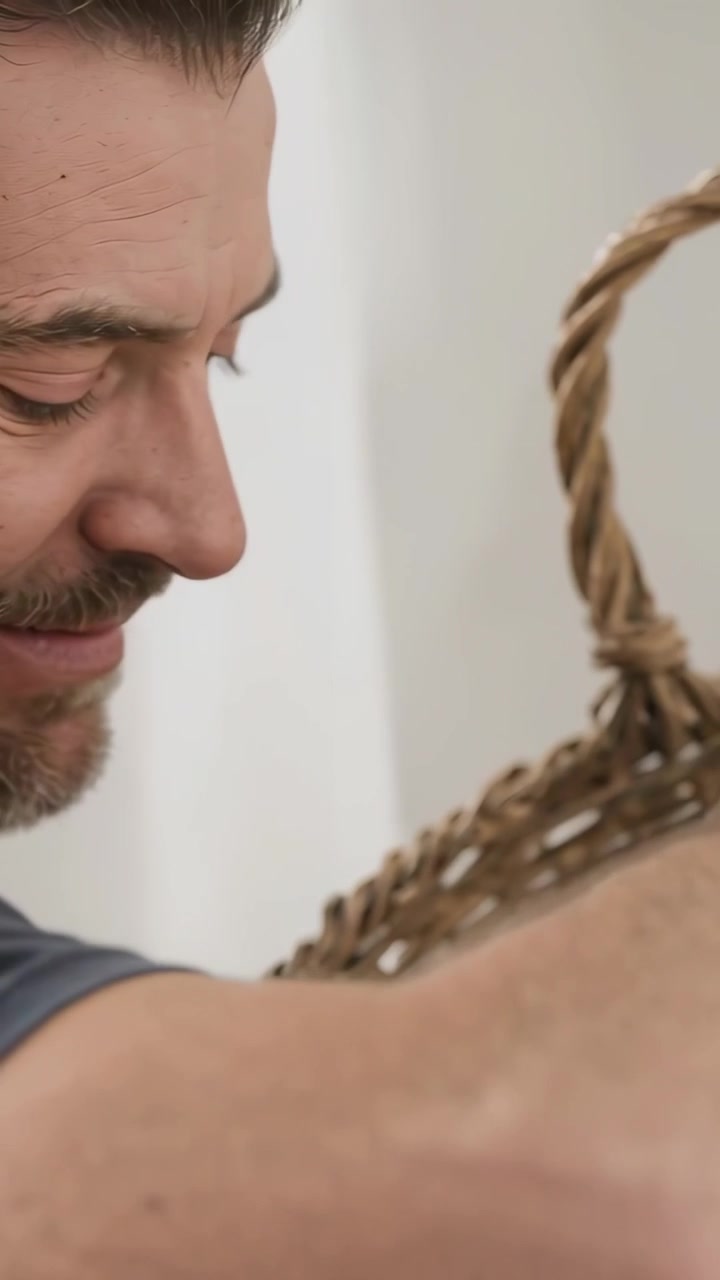 Video verticale: Uomo sorridente in una stanza, ispeziona e muove il manico di un cesto di vimini con la mano destra.