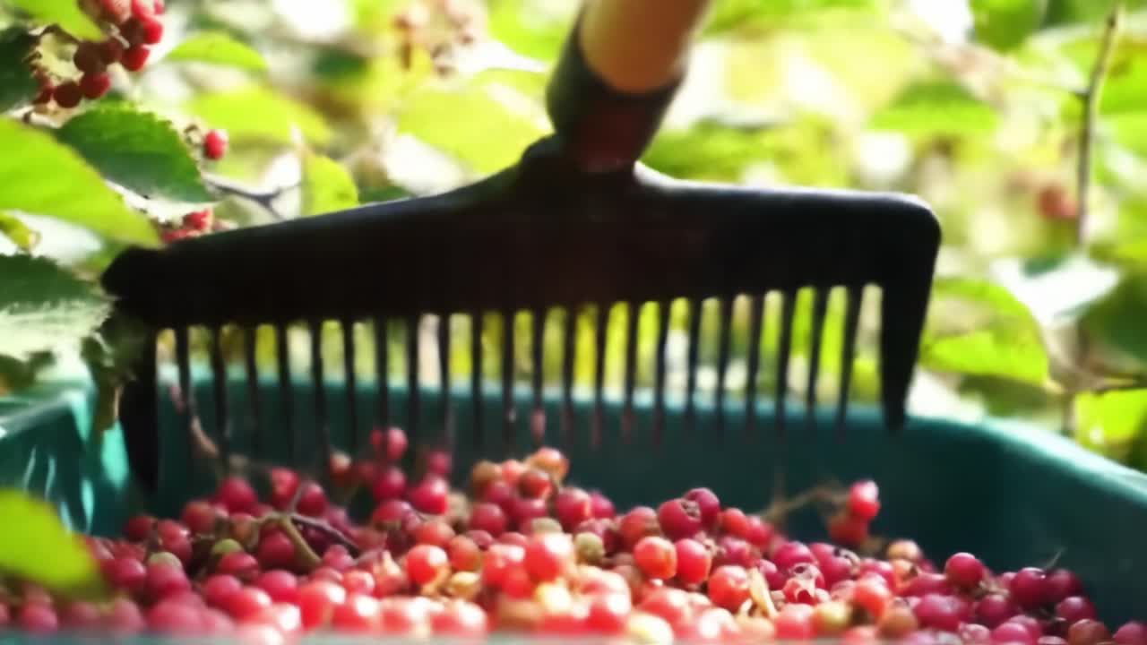 Harvesting Ripe Berries Using a Comb in Vibrant Garden Setting During Sunny Afternoon