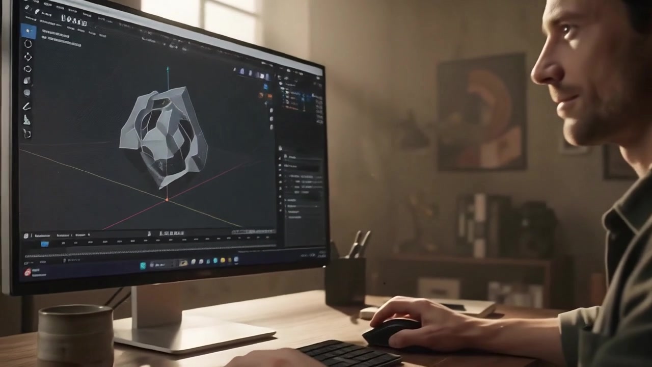 3D Artist Working on Digital Sculpture in Home Office