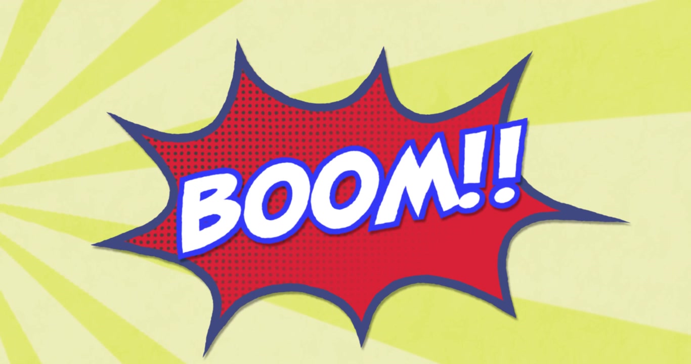 Animazione di una scritta "boom" con simboli di esclamazione e stelle in un fumetto su sfondo a strisce
