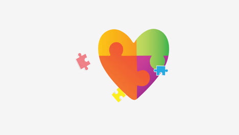 animation of red, yellow and blue puzzle pieces over heart formed with puzzles beating