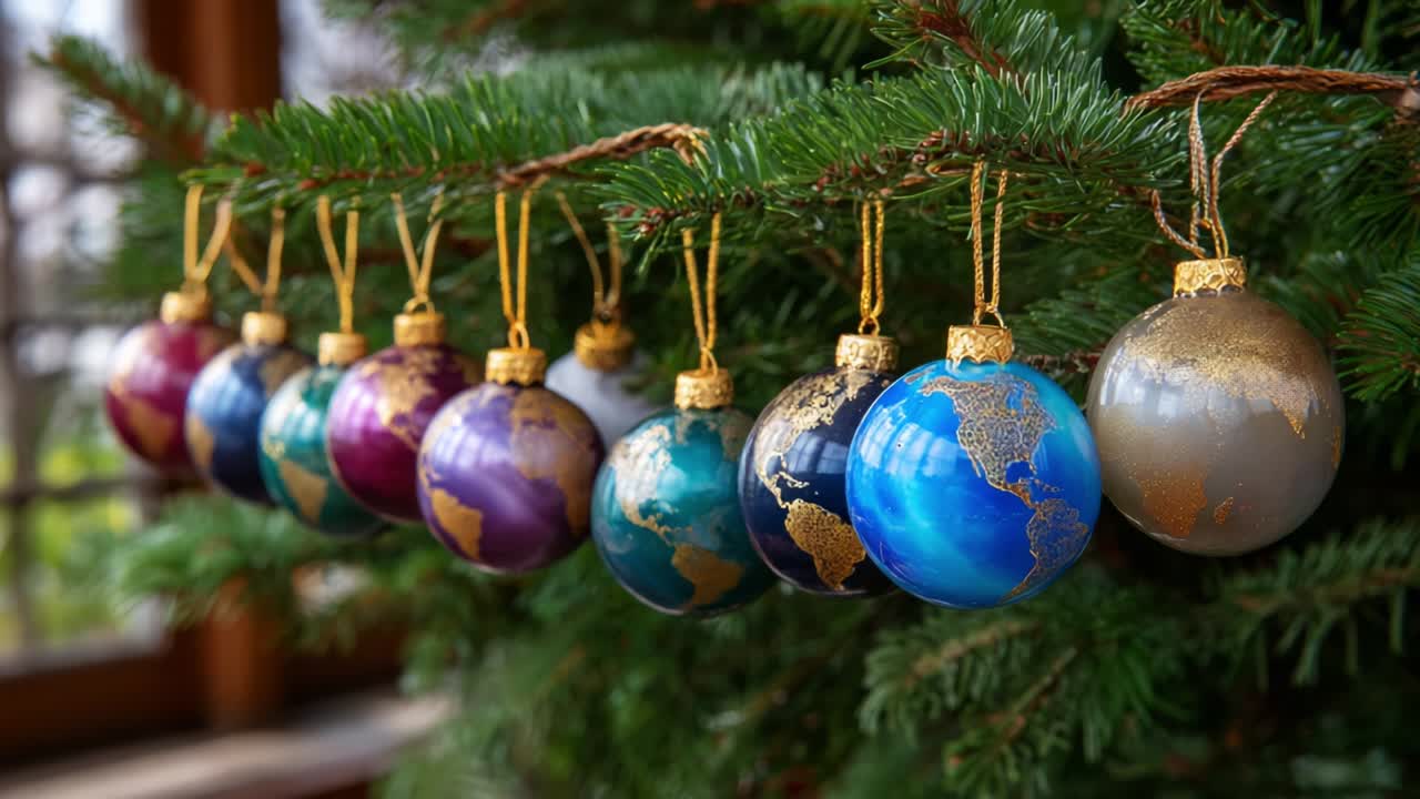 A Beautiful Array of Vibrant Holiday Ornaments Displayed on a Christmas Tree, Each Featuring Unique Designs Representing Different Parts of the World, Capturing the Essence of Global Celebrations and Festive Cheer