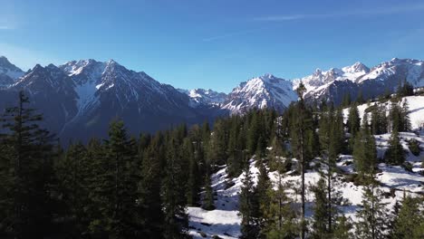 Drone-fly-through-Trees-and-Reveal-Beautiful-Winter-Mountain-Landscape-in-Austria,-Europe