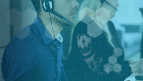 customer service representatives working with headsets, communication network animation over them
