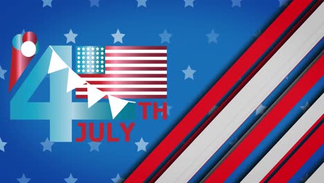 animation of 4th july text over stars and stripes on blue background