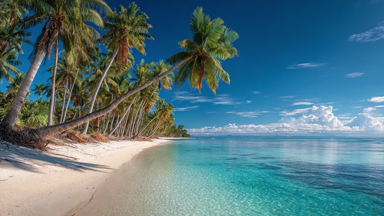 Serene Beach Landscape with Lush Palm Trees and Crystal Clear Waters Under a Bright Blue Sky, Perfect for Relaxation and Scenic Beauty Exploration