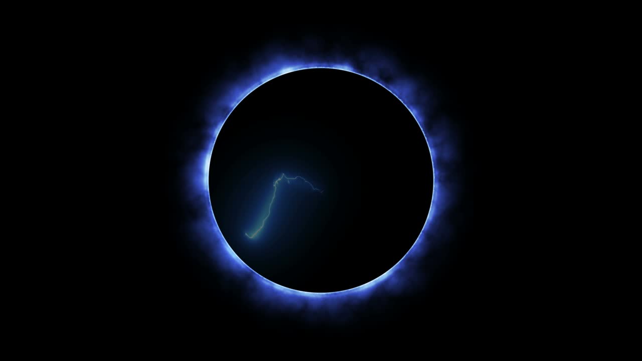 eclipse brillante azul con golpe de trueno alrededor de círculo negro gráfico de movimiento.