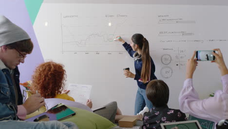 Junge-Asiatische-Geschäftsfrau-Unterrichtet-Eine-Gruppe-Von-Studenten,-Die-Marktstatistiken-Auf-Dem-Whiteboard-Zeigt-Und-Diagrammdaten-Teilt.-Verschiedenes-Team-Beim-Brainstorming-Kreativer-Ideen-In-Einer-Bürovorlesung