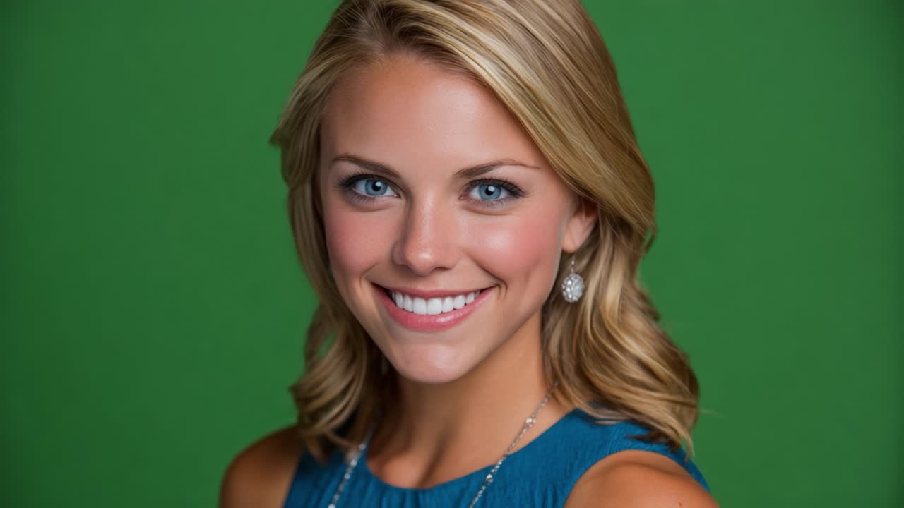 Radiant Smiles Against a Green Backdrop: Capturing the Genuine Joy and Charm of a Young Woman with Striking Blue Eyes and Elegant Hair