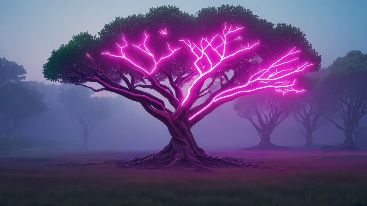 Neon Lightning Tree in a Foggy Landscape