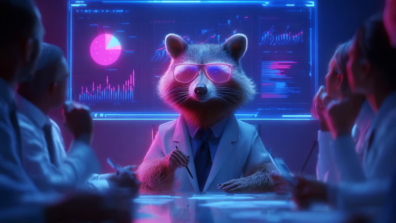 In a futuristic conference room, a raccoon wearing glasses and a lab coat leads a strategic business meeting, surrounded by researchers discussing data analytics and insights