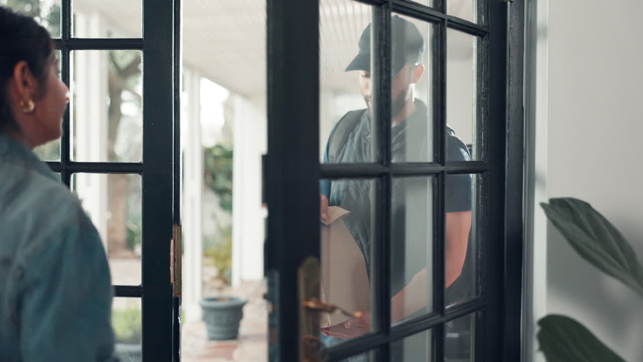 Delivery man handing a package to a customer at their home