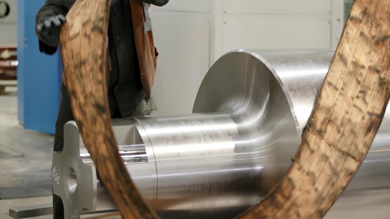 Trabalhador Industrial Manuseando Peça de Metal com Aparas de Madeira