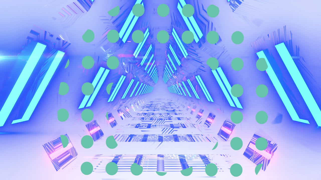 검은 공간에서 네온 조명 위에 초록색 점의 애니메이션