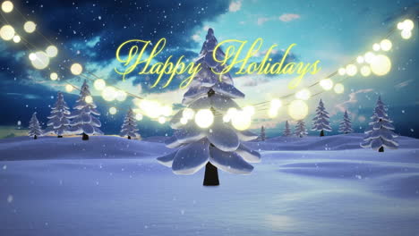 Happy Holidays text glowing on snow-covered trees in winter landscape animation