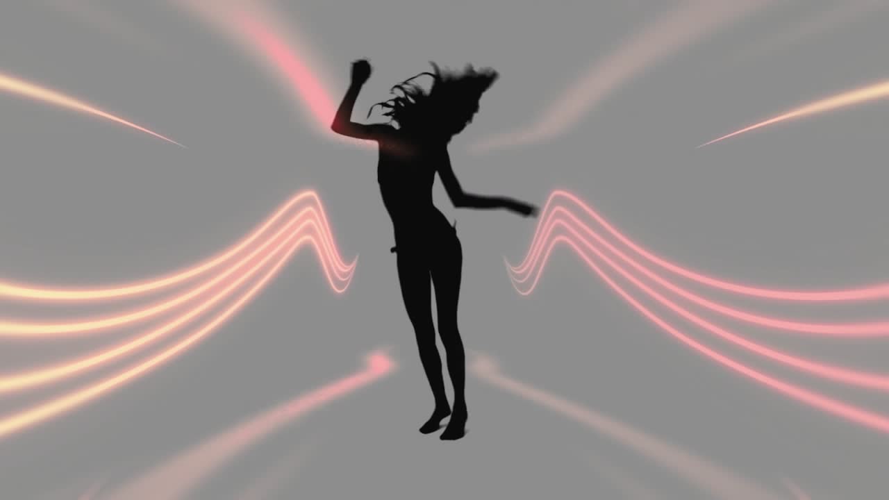 Waist pulse starting dark dancer moving while neon wings growing and shifting color to frame motion