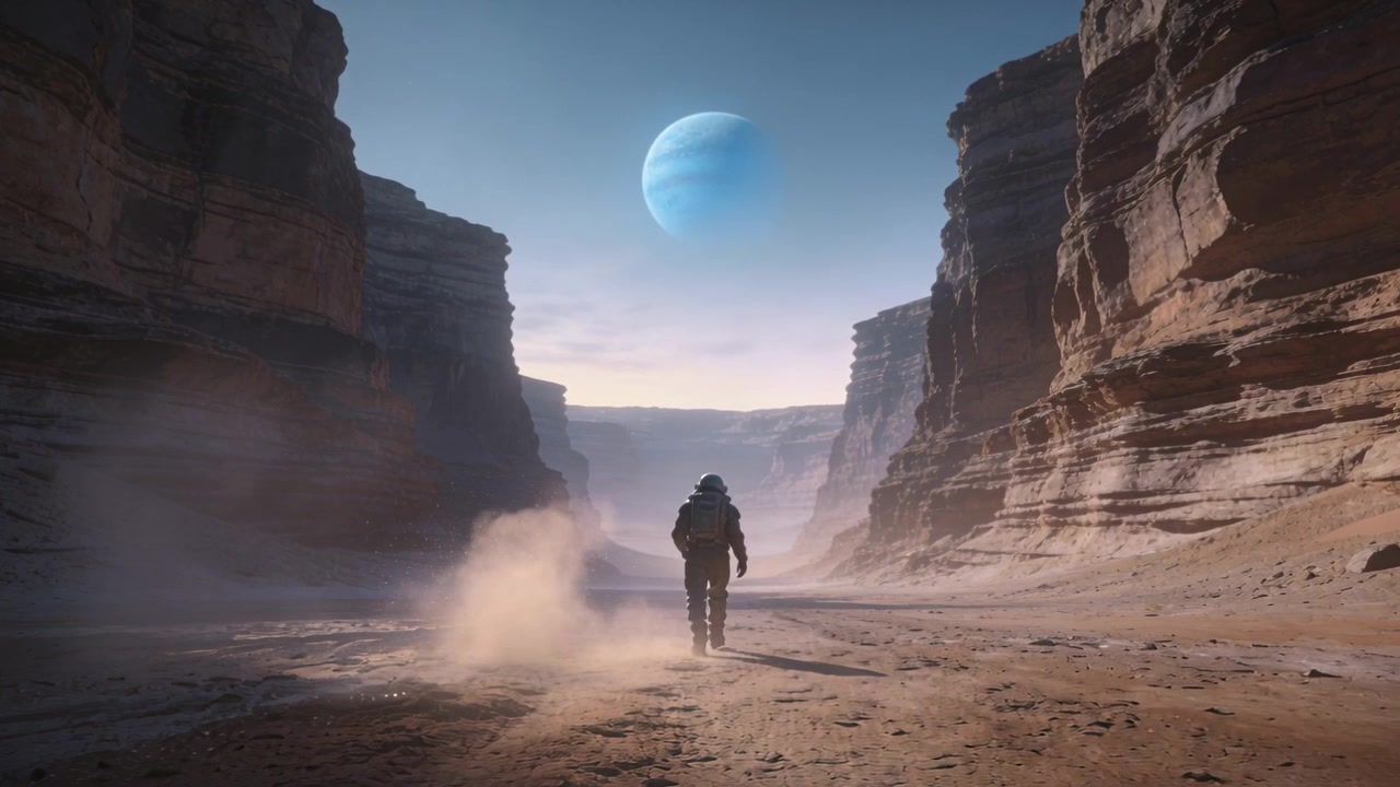 Walking suited astronaut kicking dust with first step to horizon in canyon helmet pack blue planet