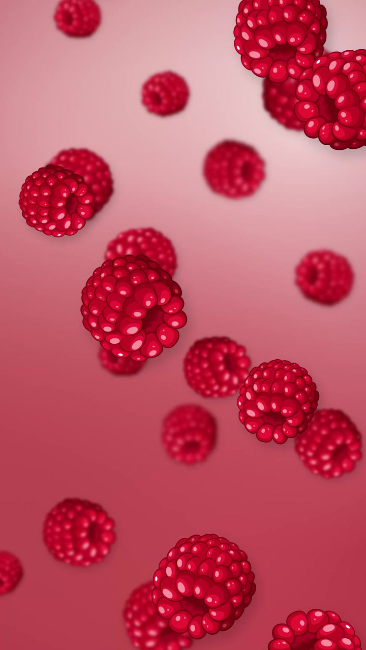 Fresh red raspberries fall through the air against a soft pink gradient mesh background.