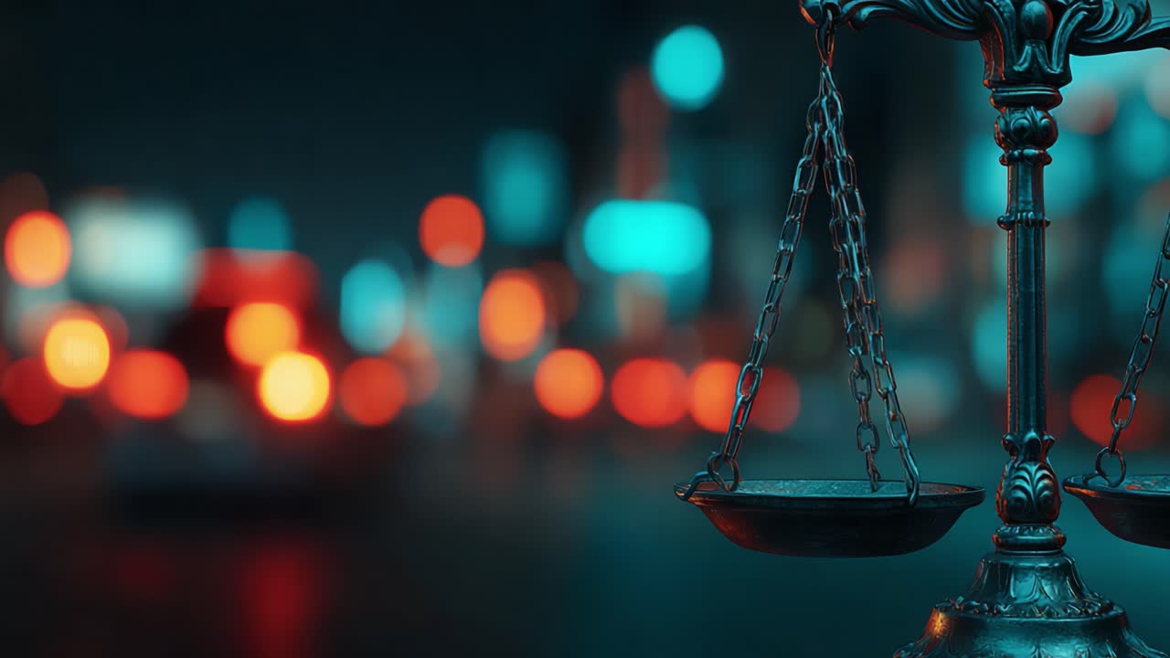 A Symbolic Representation of Justice: A Close-Up of a Balance Scale Against a Softly Blurred Urban Background, Highlighting the Principles of Law and Order