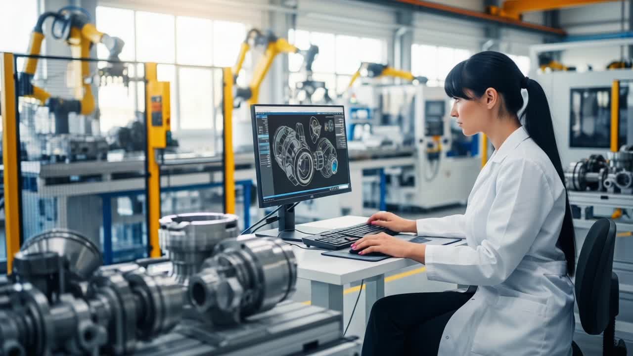 A focused engineer in a modern factory setting reviews intricate technical designs on a computer, highlighting precision and innovation in manufacturing processes
