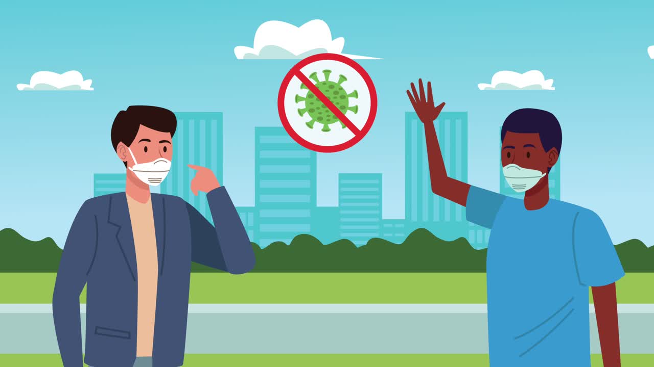 men wearing medical masks with social distance on the city