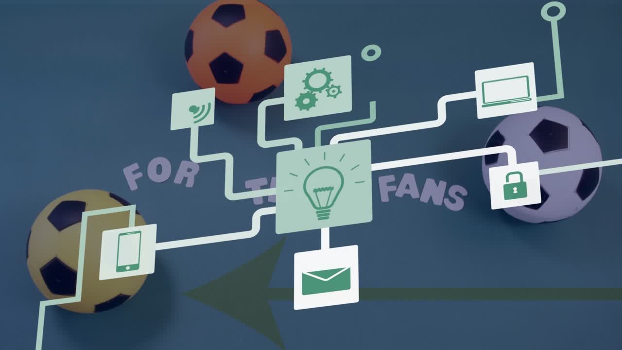 Animación de una red de iconos digitales sobre un primer plano de múltiples balones de fútbol en una superficie azul.