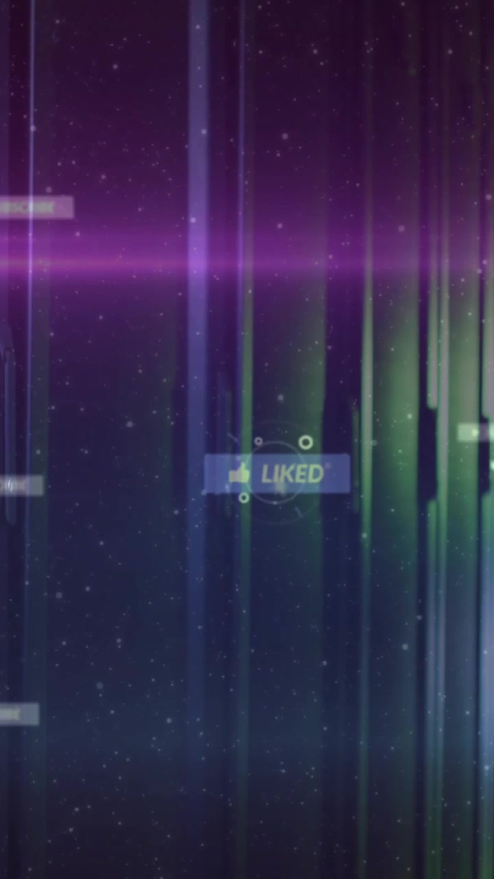 Animazione di notifiche digitali e "mi piace" su un corridoio futuristico con luci al neon