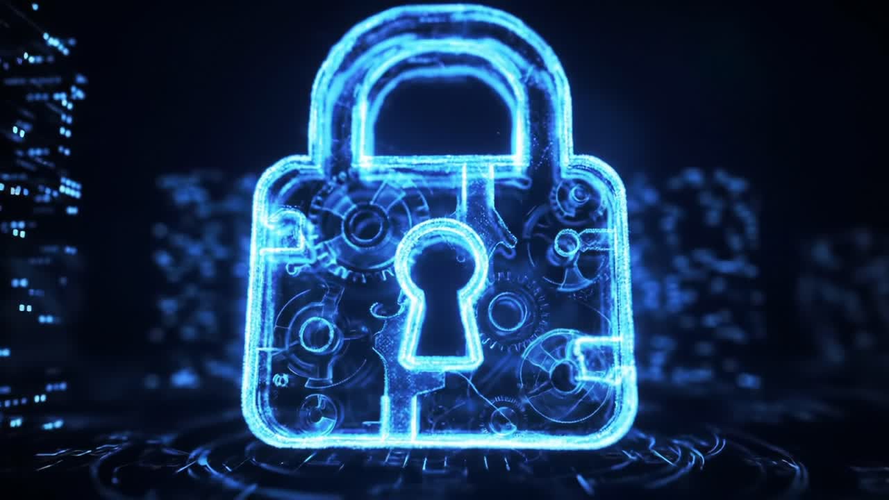 A Futuristic Digital Lock: Exploring the Concept of Security Through High-Tech Imagery and Advanced Visual Effects for Modern Cyber Protection