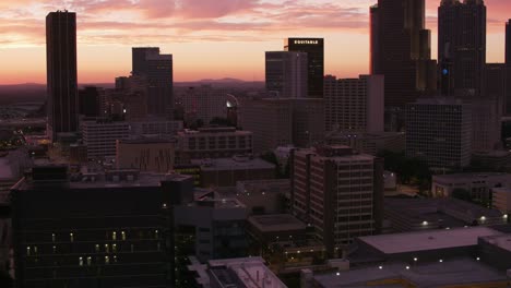 aerial shot of downtown atlanta at sunset.