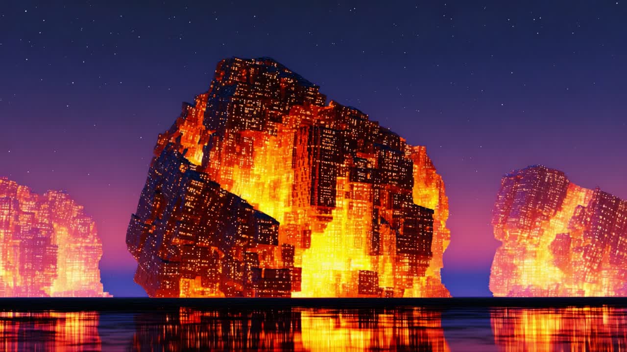 A stunning visualization of glowing, fiery cubes towering over a serene ocean at twilight, showcasing the contrast between the vibrant flames and the tranquil evening sky
