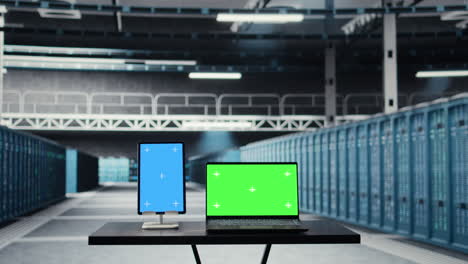 green screen laptop and mockup tablet used to do maintenance in data center