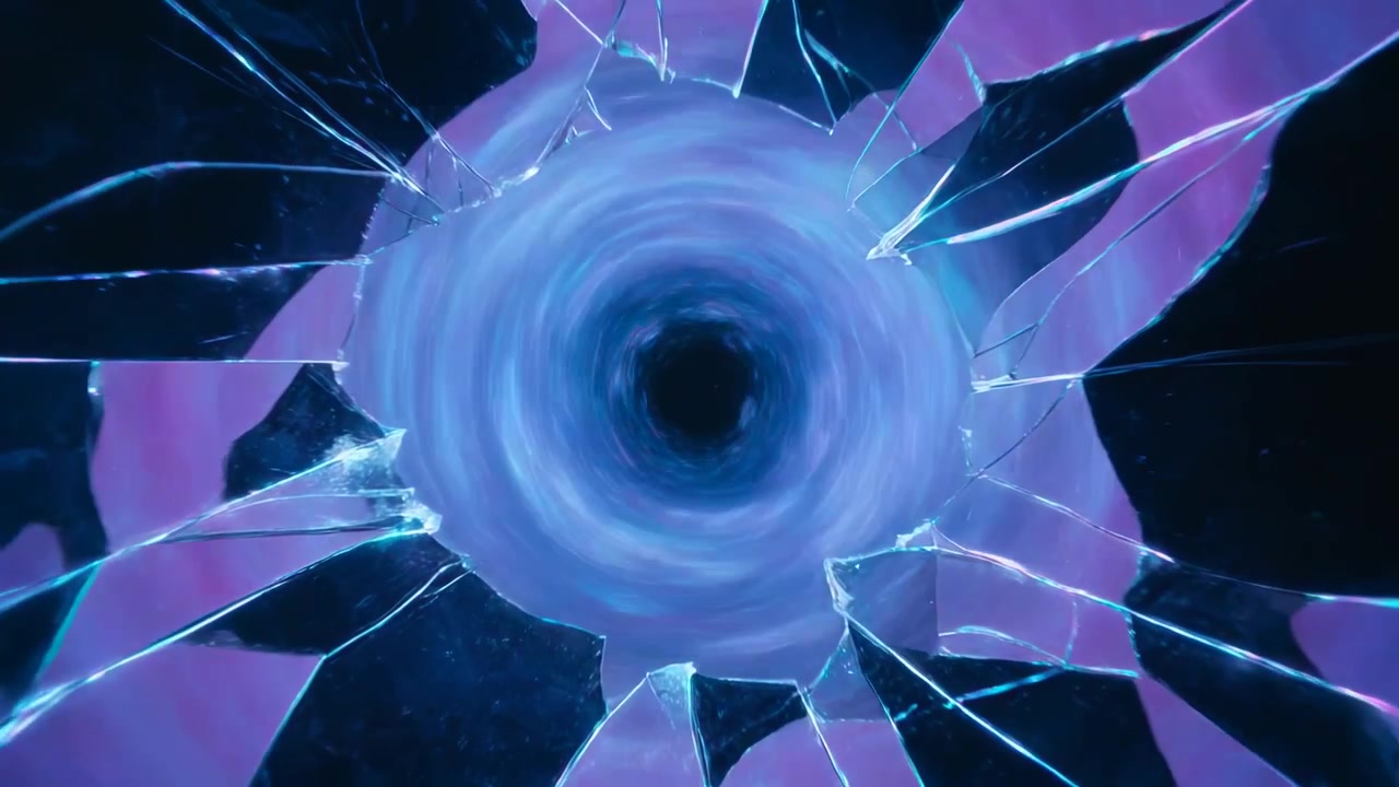 Intensifying purple swirl pulling radial cracks, shards inward at puncture close-up, forming vortex